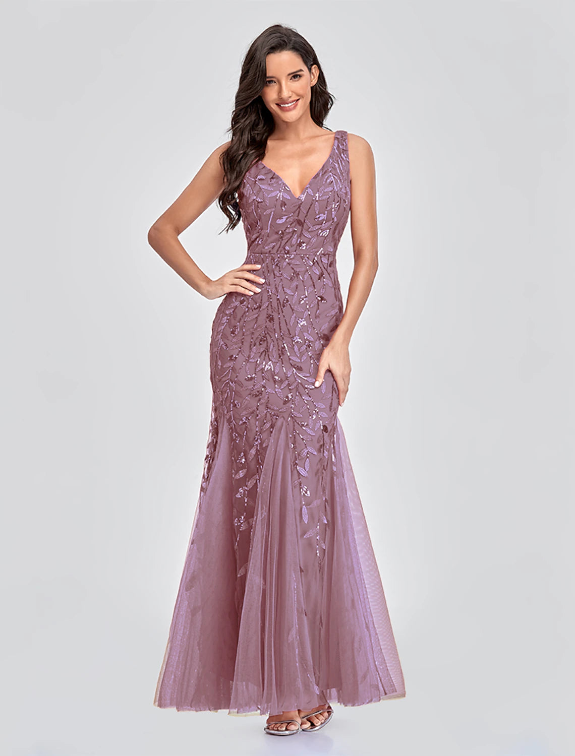 Mermaid / Trumpet Empire Elegant Party Wear Formal Evening Valentine's Day Dress V Neck V Back Sleeveless Floor Length Tulle with Embroidery