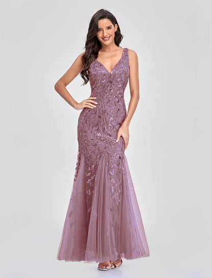 Mermaid / Trumpet Empire Elegant Party Wear Formal Evening Valentine's Day Dress V Neck V Back Sleeveless Floor Length Tulle with Embroidery