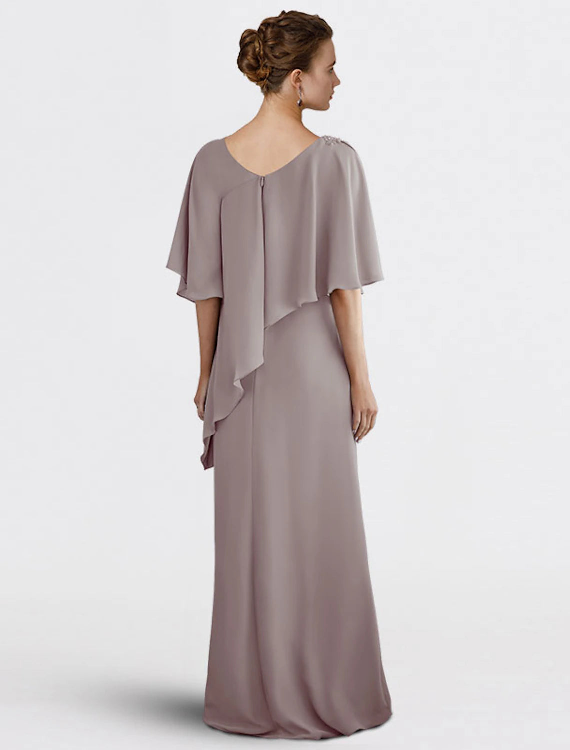 Sheath / Column Mother of the Bride Dress Wedding Guest Plus Size Elegant V Neck Floor Length Chiffon Half Sleeve with Beading Fal