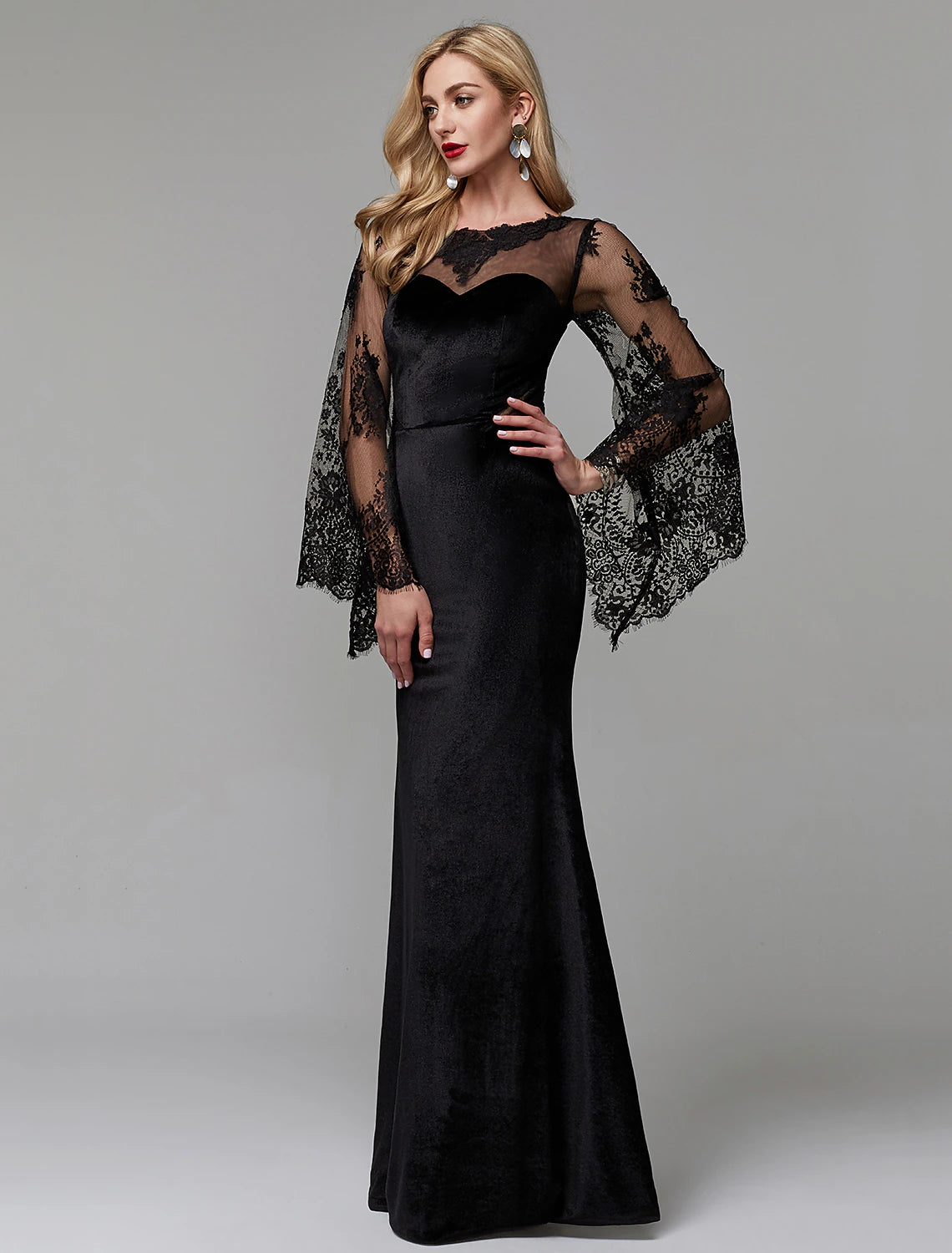 Sheath / Column Elegant Dress Wedding Guest Engagement Floor Length Long Sleeve Illusion Neck Lace with Lace Insert