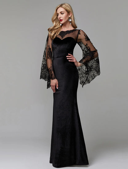 Sheath / Column Elegant Dress Wedding Guest Engagement Floor Length Long Sleeve Illusion Neck Lace with Lace Insert