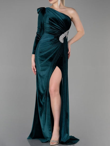 A-Line Evening Gown Christmas Elegant Dress Formal Sweep / Brush Train Long Sleeve One Shoulder Velvet with Glitter Pleats Ruched