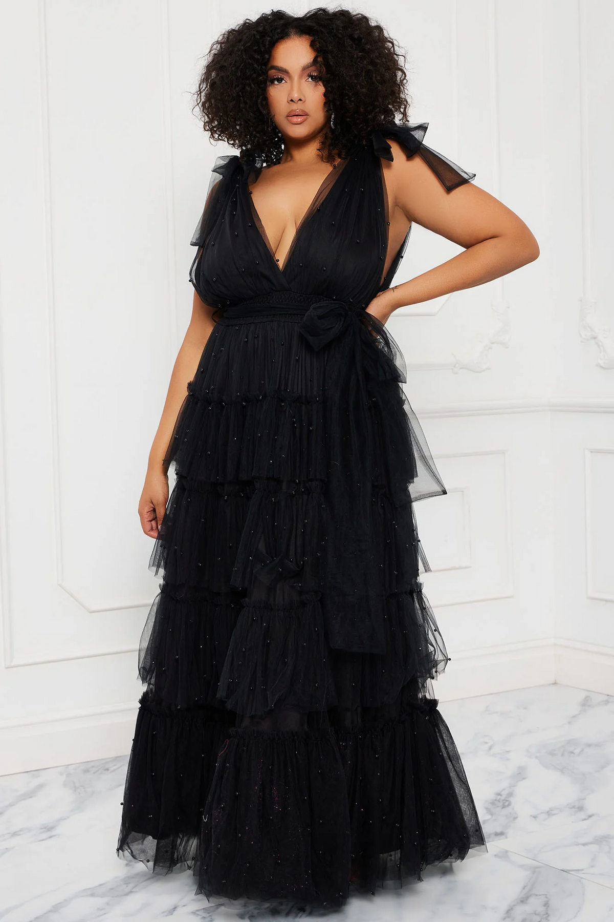 romantic tiered deep-v bow-strap sleeveless open-back maxi plus size formal evening dress