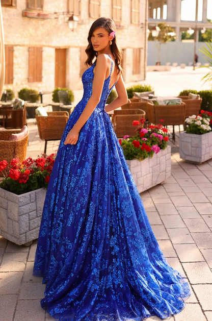 royal blue a-line v-neck spaghetti low-back floor-length prom dress