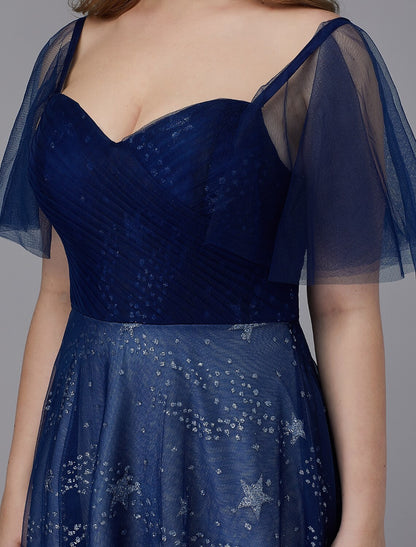 A-Line Plus Size Dress Prom Formal Evening Floor Length Short Sleeve Sweetheart Tulle Lace-up with Beading Pattern / Print