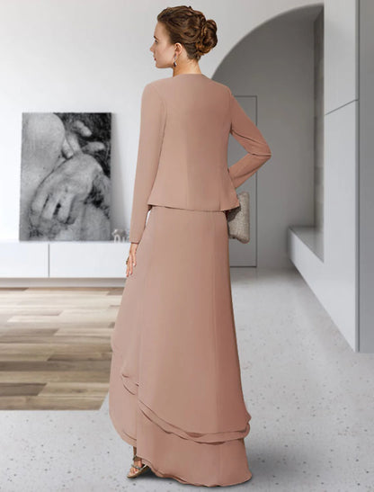 Two Piece A-Line Mother of the Bride Dress Elegant High Low Jewel Neck Asymmetrical Chiffon Lace Sleeveless with Tier Appliques