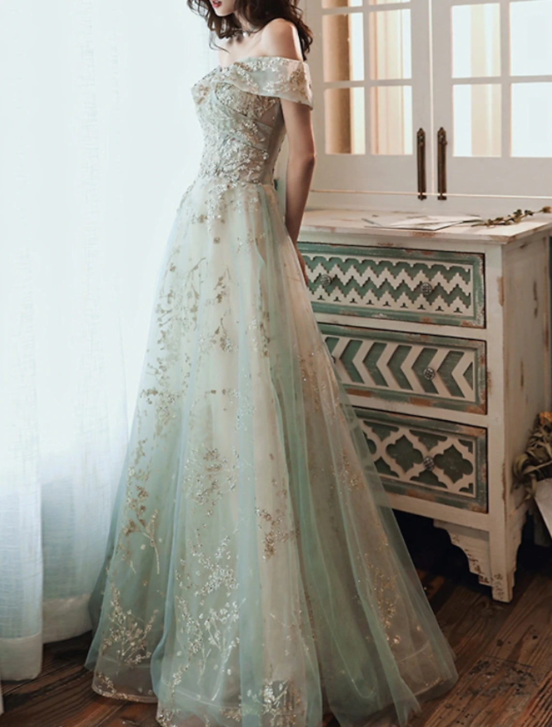 A-Line Glittering Elegant Engagement Formal Evening Dress Off Shoulder Short Sleeve Floor Length Tulle with Sequin