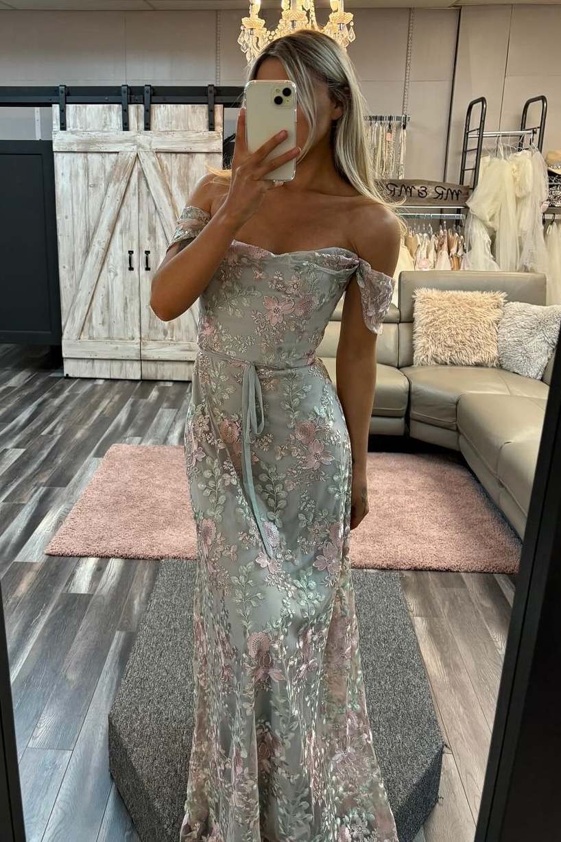 Sage Green Floral Embroidery Off The Shoulder Mermaid Evening Dress