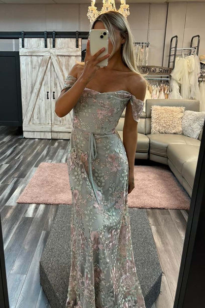 Sage Green Floral Embroidery Off The Shoulder Mermaid Evening Dress