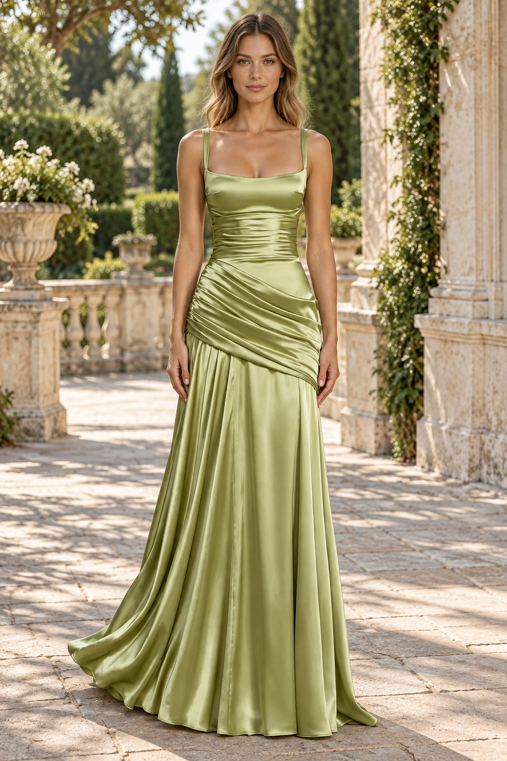 Sage Green Square Neck Satin Evening Dress With Criss Cross Straps