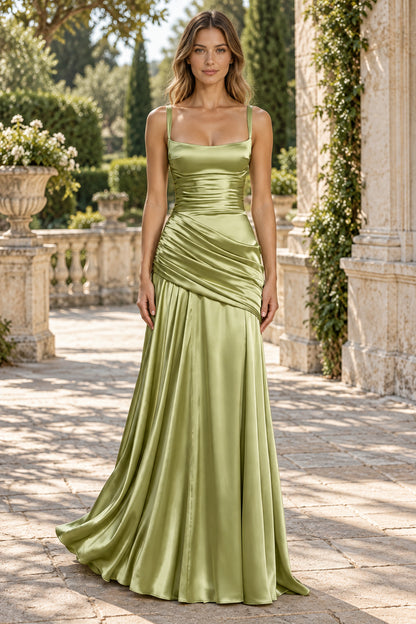 Sage Green Square Neck Satin Evening Dress With Criss Cross Straps