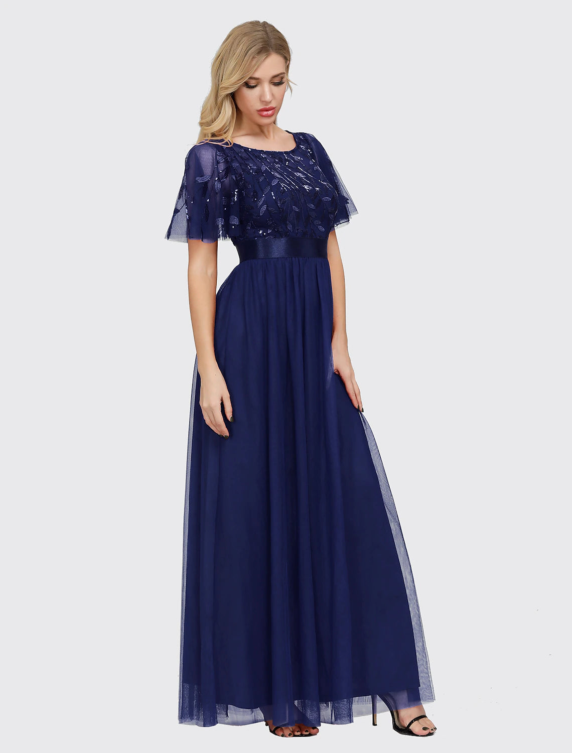A-Line Empire Elegant Party Wear Prom Dress Jewel Neck Short Sleeve Floor Length Tulle with Embroidery 2022 / Illusion Sleeve