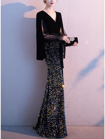 Mermaid / Trumpet Mother of the Bride Dress Party Sparkle & Shine Petite V Neck Floor Length Tulle Sequined Velvet Long Sleeve with Bow(s)