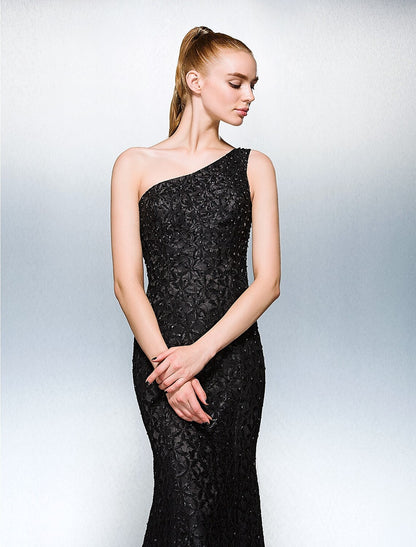 Sheath / Column Sparkle & Shine Dress Holiday Cocktail Party Court Train Sleeveless One Shoulder Lace with Beading