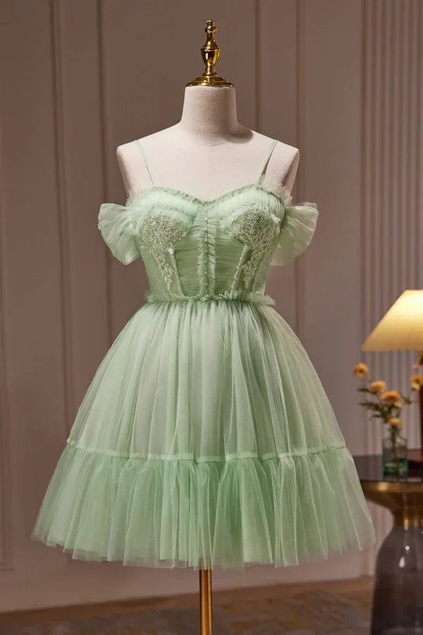 A-Line Princess Spaghetti Straps Tulle Lace Appliques Short Prom Dresses With Bow