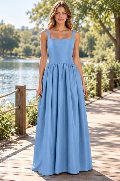 Sky Blue Square Neck Satin A-Line Open Back Evening Dress
