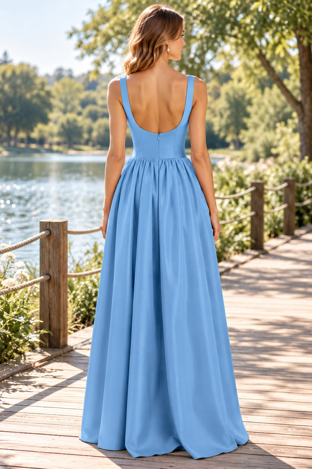Sky Blue Square Neck Satin A-Line Open Back Evening Dress
