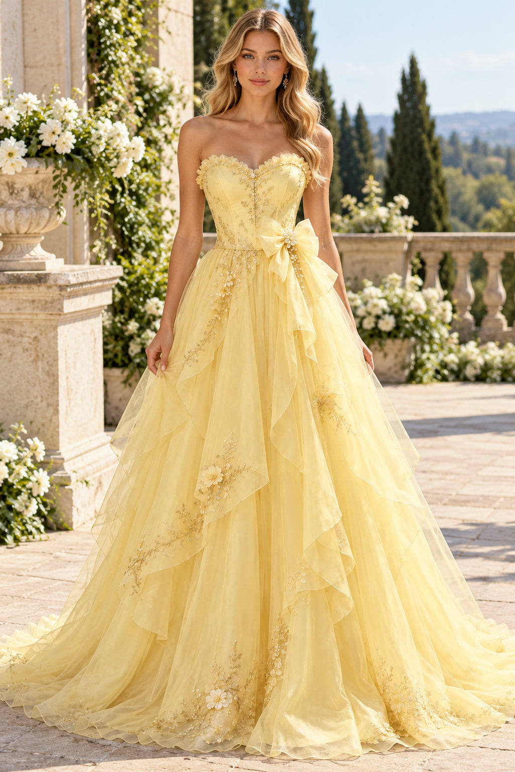 Soft Yellow A-line Strapless Sleeveless Sweetheart Floor-Length Prom Dress