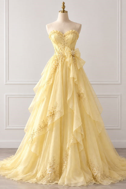 Soft Yellow A-line Strapless Sleeveless Sweetheart Floor-Length Prom Dress