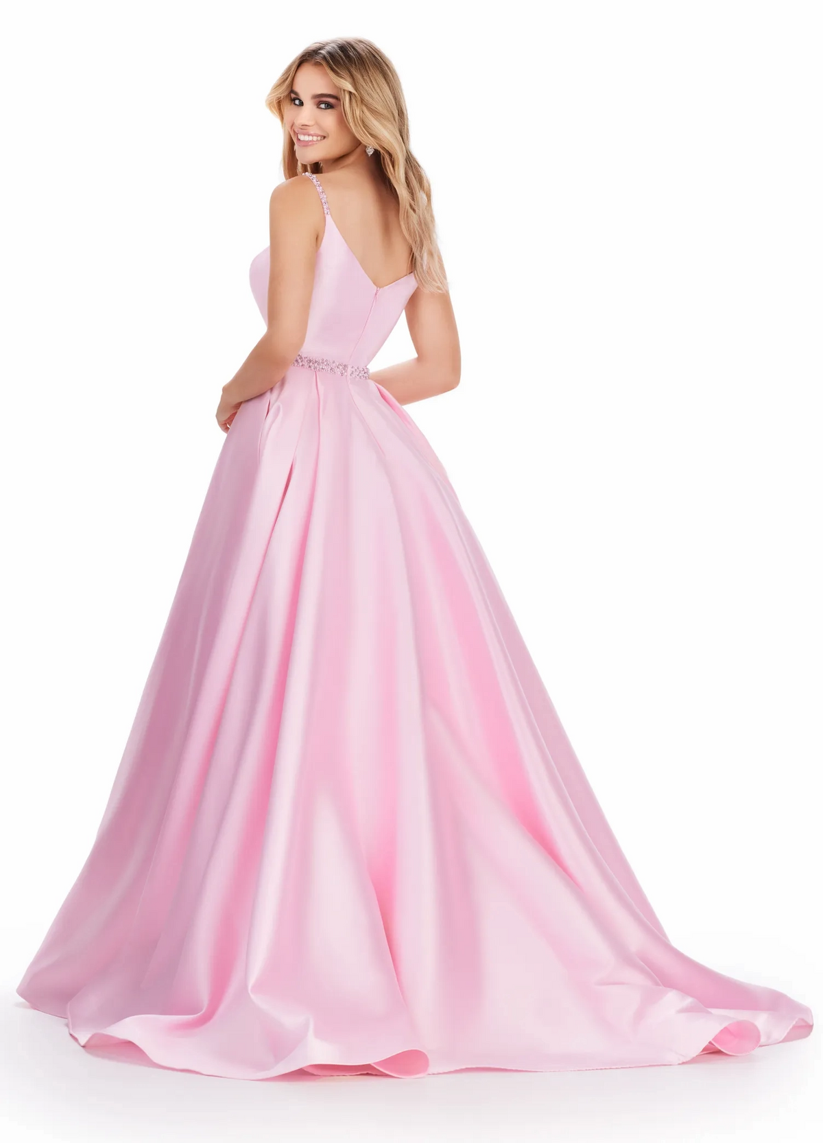 soft pink a-line square spaghetti v-back floor-length prom dress