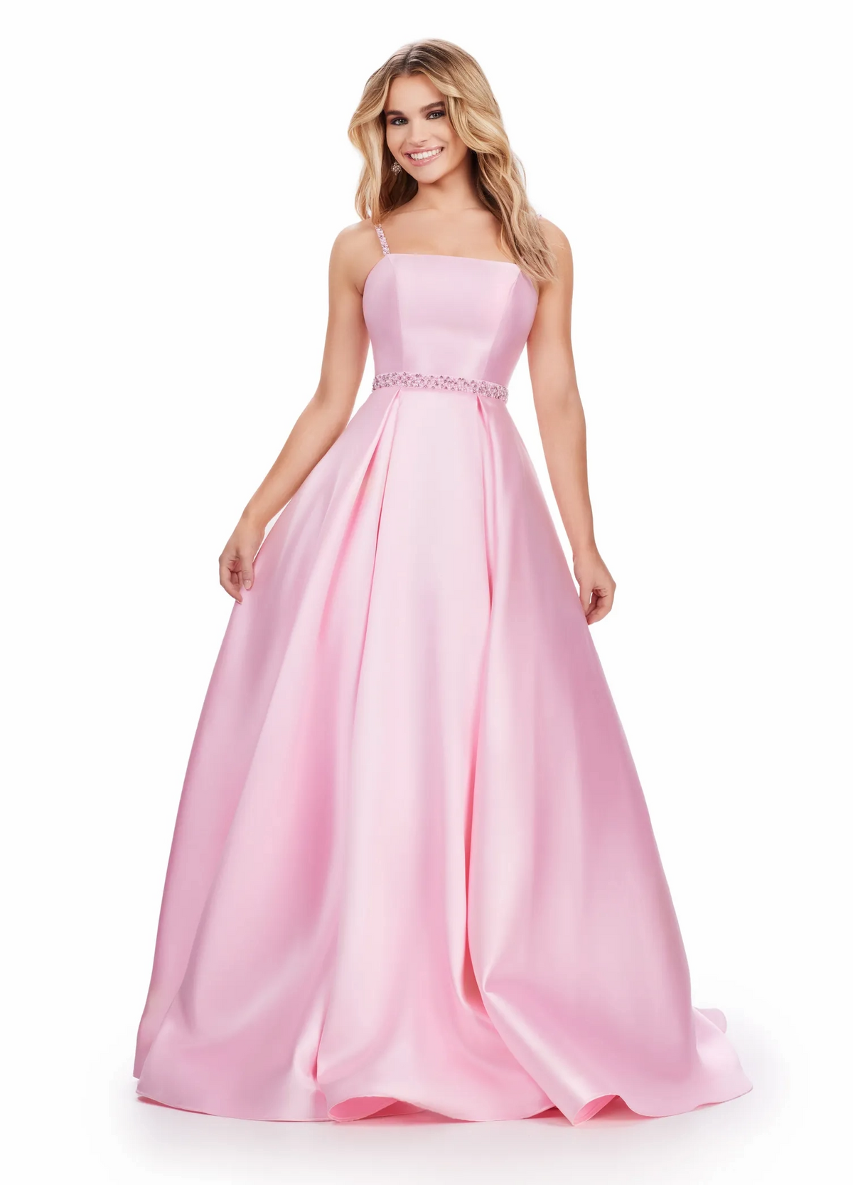 soft pink a-line square spaghetti v-back floor-length prom dress