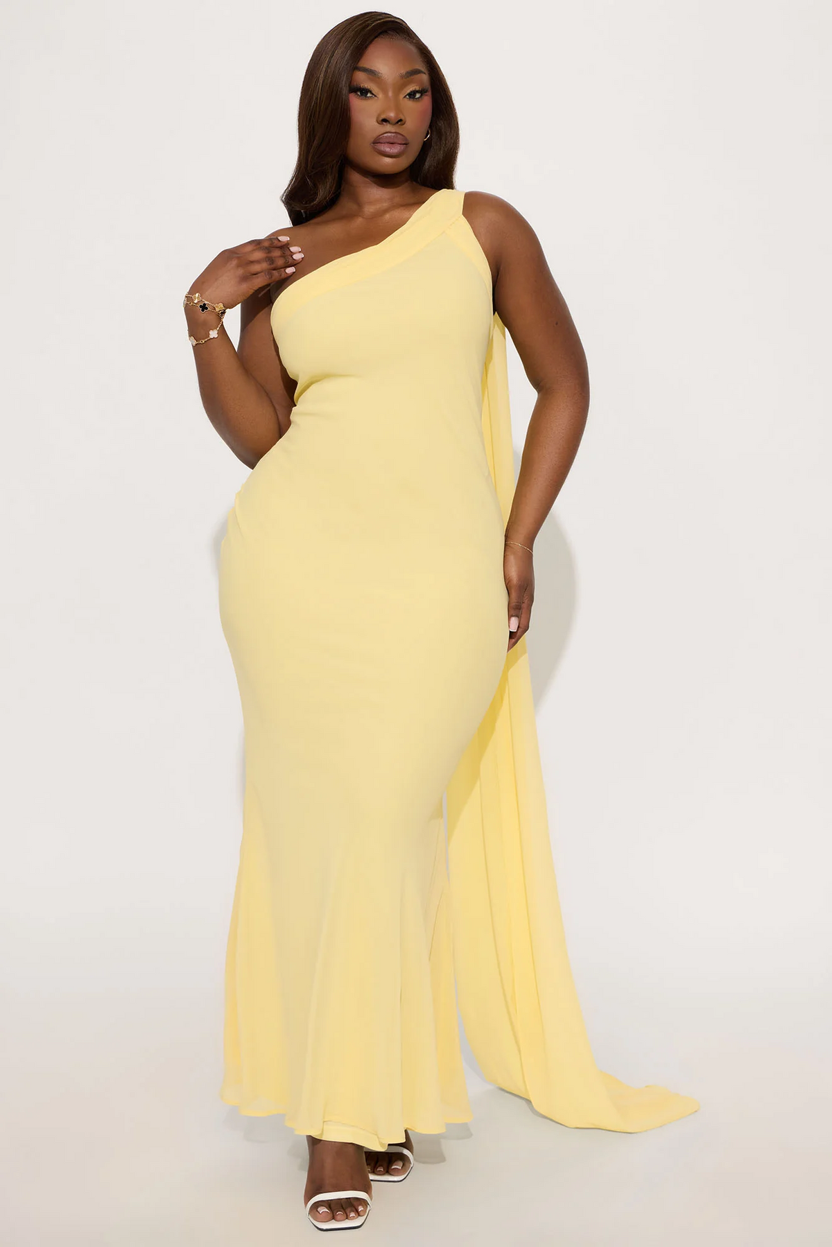 soft yellow mermaid one shoulder sleeveless open back floor length evening dress