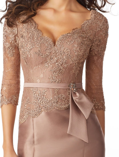 Mermaid / Trumpet Mother of the Bride Dress Elegant V Neck Sweep / Brush Train Satin Lace 3/4 Length Sleeve with Sash / Ribbon Bow(s)