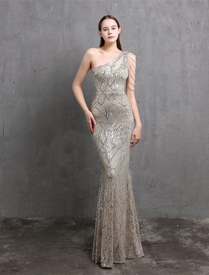 Mermaid / Trumpet Evening Gown Sparkle & Shine Dress Formal Floor Length Short Sleeve One Shoulder Sequined with Sequin
