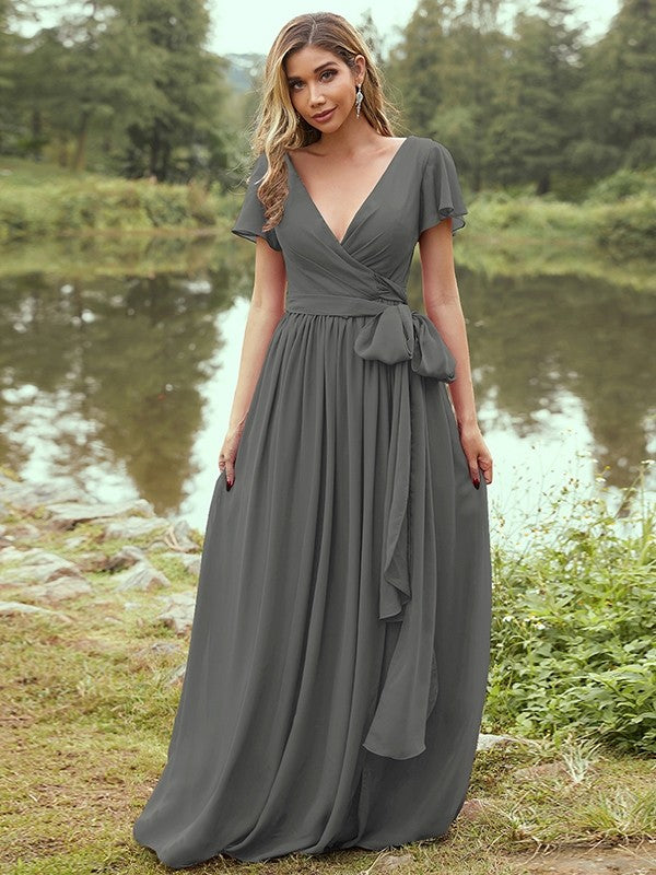 A-Line/Princess Chiffon Ruffles V-neck Short Sleeves Floor-Length Bridesmaid Dresses