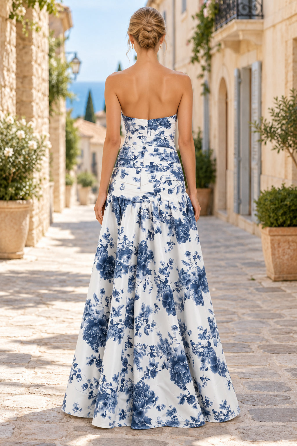 Strapless Blue Floral Print Satin A-Line Floor Length Evening Dress