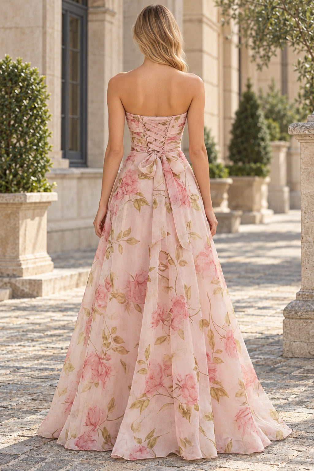 Strapless Pink Floral Print Chiffon Evening Dress With 3D Flower & Slit