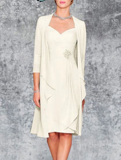 Two Piece Sheath / Column Mother of the Bride Dress Wedding Guest Church Plus Size Elegant Sweetheart Knee Length Chiffon Lace 3/4 Length Sleeve Wrap Included Jacket Dresses with Pleats Embroidery