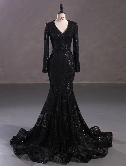Mermaid / Trumpet Evening Gown Sparkle & Shine Dress Formal Court Train Long Sleeve V Neck African American Lace with Sequin