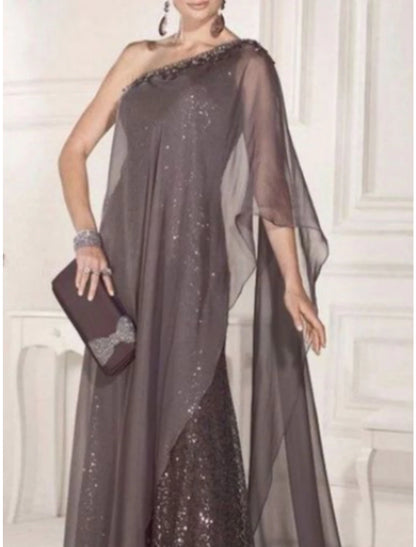 Sheath / Column Mother of the Bride Dress Wedding Guest Party Sparkle & Shine Elegant One Shoulder Sweep / Brush Train Chiffon Lace Sleeveless with Pleats Sequin