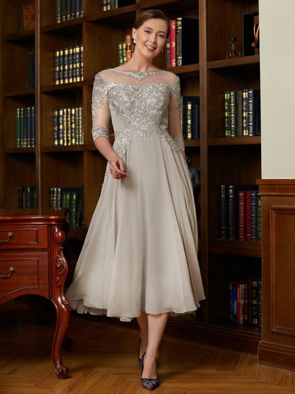 A-Line/Princess Chiffon Lace Scoop 3/4 Sleeves Tea-Length Mother of th Koutun Dress A-Line/Princess Chiffon Lace Scoop 3/4 Sleeves Tea-Length Mother of th Koutun Dress