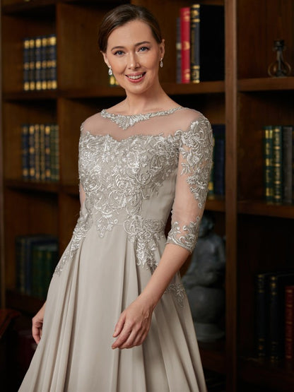 A-Line/Princess Chiffon Lace Scoop 3/4 Sleeves Tea-Length Mother of th –  Koutun Dress