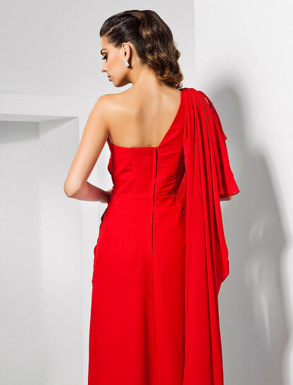 Sheath / Column Empire Wedding Guest Formal Evening Dress One Shoulder Sleeveless Floor Length Chiffon with Draping Slit