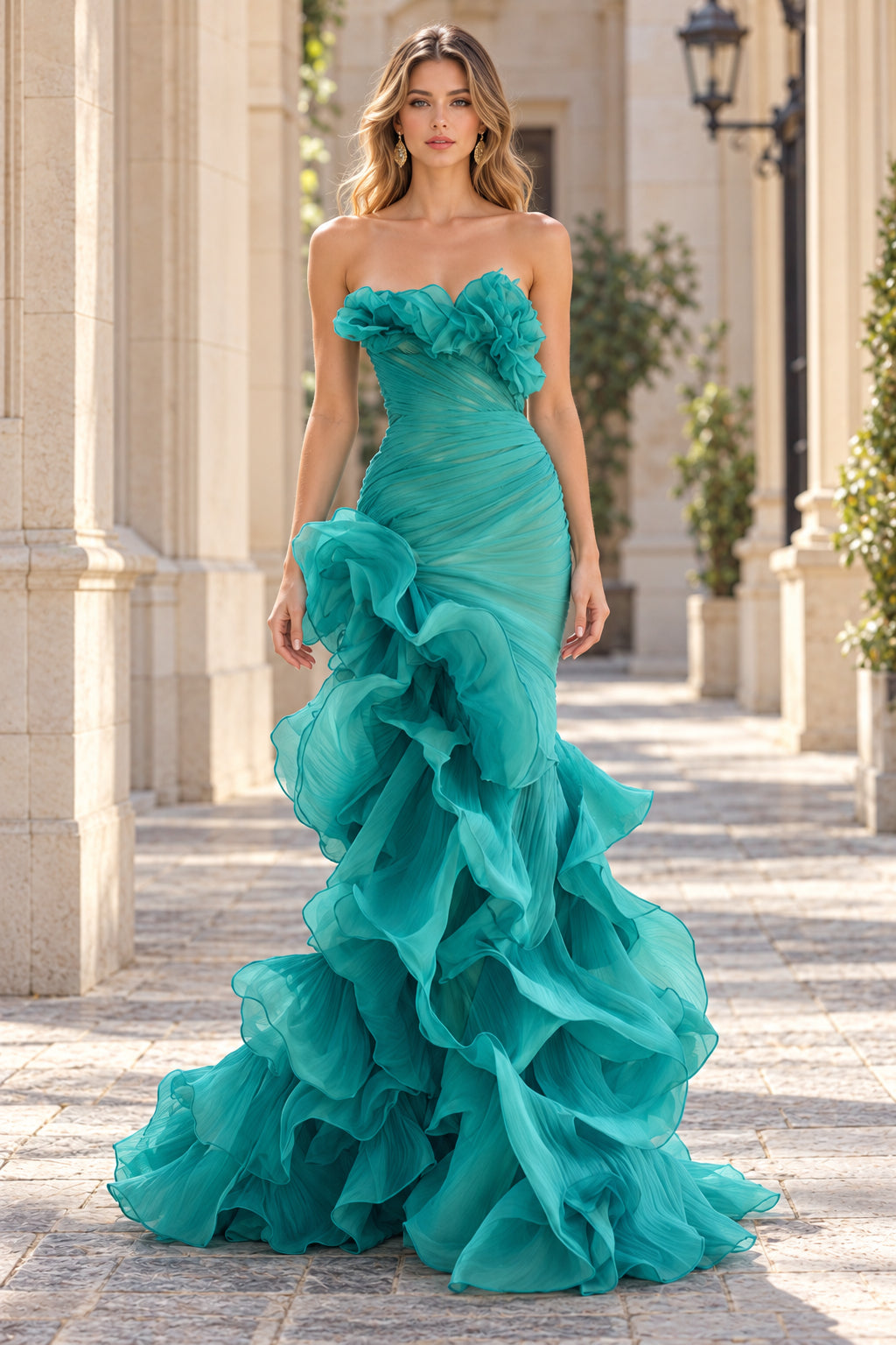 Chiffon Mermaid Strapless Sweetheart Zip Back Ruffle Floor Prom Dress