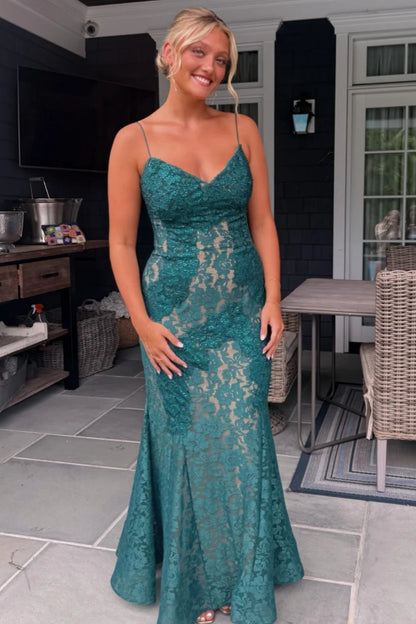 Teal Mermaid Spaghetti Strap Lace Floor Evening Dresses