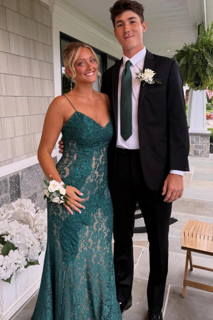 Teal Mermaid Spaghetti Strap Lace Floor Evening Dresses