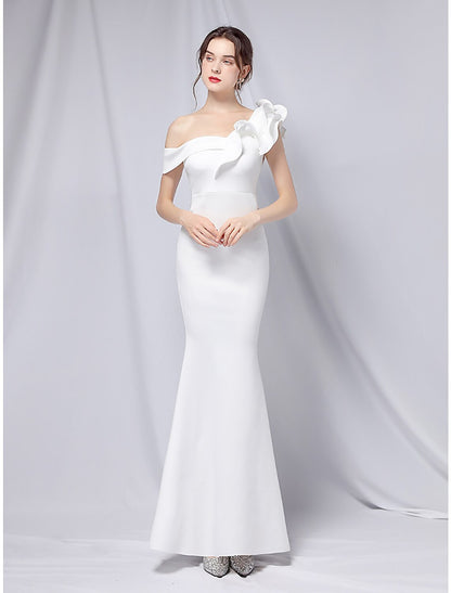Mermaid / Trumpet Evening Gown Empire Dress Wedding Guest Formal Evening Floor Length Short Sleeve One Shoulder Stretch Satin with Ruffles