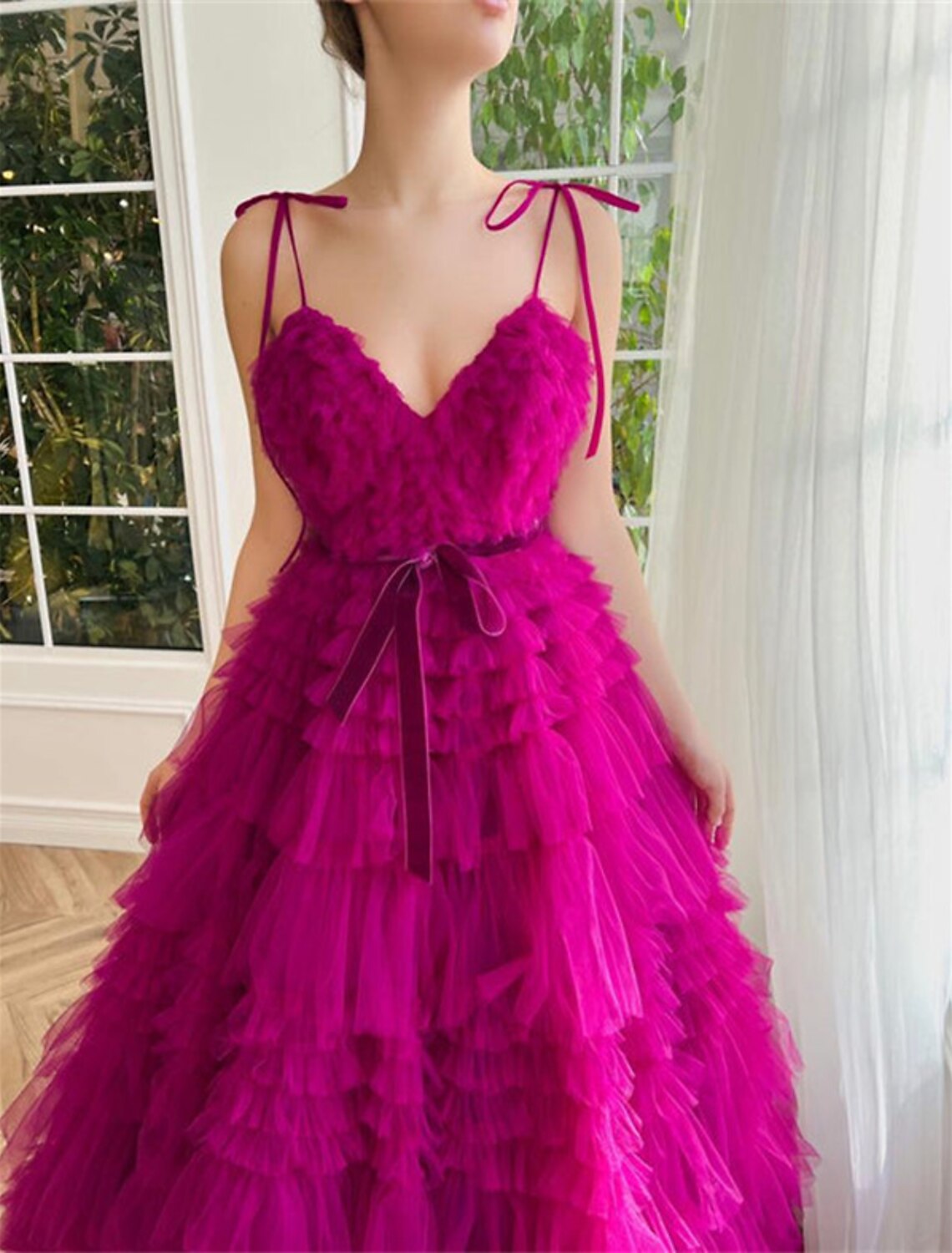Ball Gown Evening Gown Puffy Dress Wedding Party Birthday Floor Length Sleeveless Spaghetti Strap Tulle with Ruffles Strappy