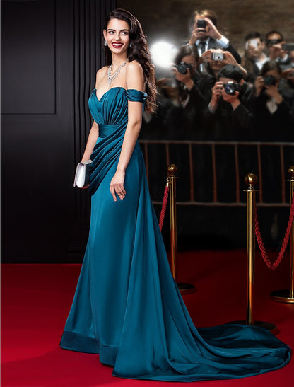 Mermaid / Trumpet Sexy Dress Engagement Formal Evening Court Train Sleeveless Off Shoulder Satin Chiffon with Ruched Draping