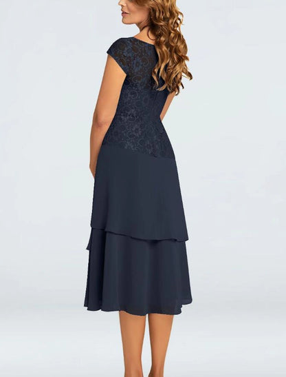 A-Line Mother of the Bride Dress Plus Size Jewel Neck Tea Length Chiffon Short Sleeve with Lace Tier