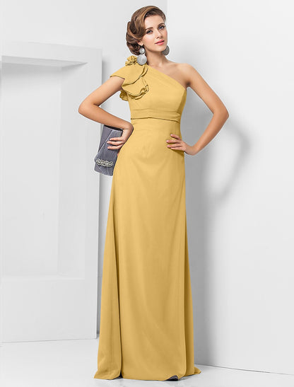 Sheath / Column Elegant Dress Wedding Guest Formal Evening Floor Length Sleeveless One Shoulder Bridesmaid Dress Chiffon with Sash / Ribbon Appliques