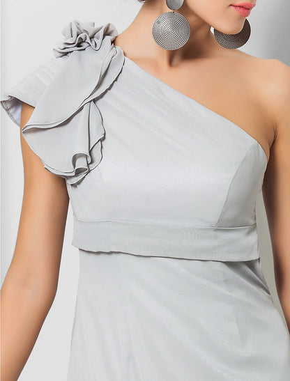 Sheath / Column Elegant Dress Wedding Guest Formal Evening Floor Length Sleeveless One Shoulder Bridesmaid Dress Chiffon with Sash / Ribbon Appliques