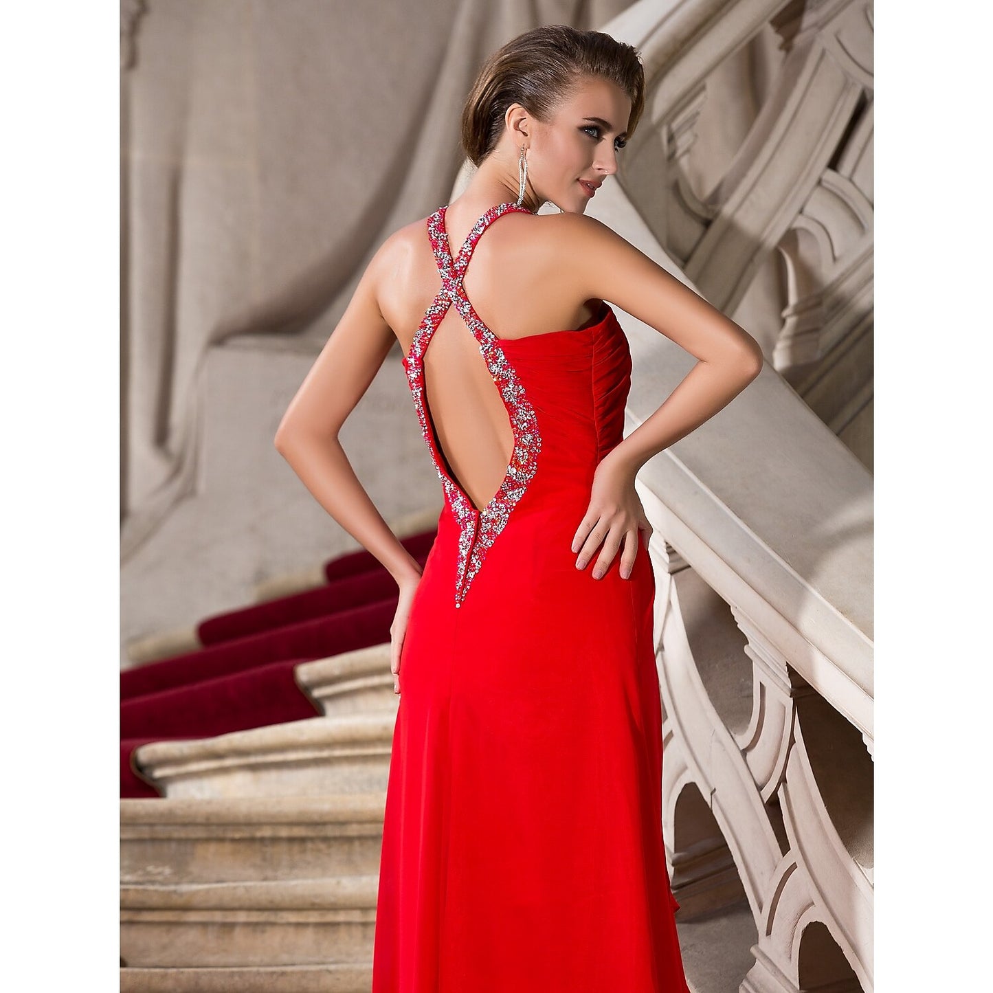 A-Line Celebrity Style Dress Formal Evening Military Ball Floor Length Sleeveless Plunging Neck Chiffon with Beading