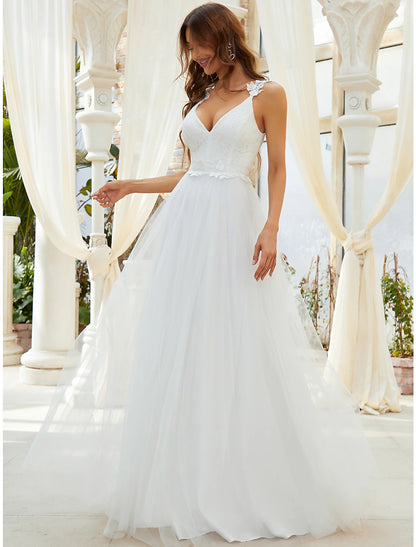 Reception Casual Wedding Dresses A-Line Sweetheart V Wire Regular Straps Sweep / Brush Train Tulle Bridal Gowns With Crystals Appliques Summer Wedding Party