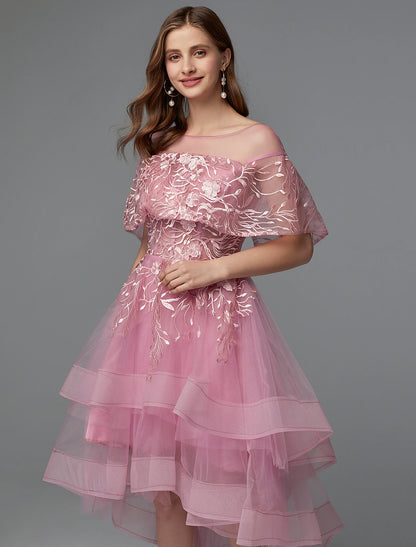 A-Line Elegant Dress Holiday Wedding Guest Asymmetrical Sleeveless Illusion Neck Lace Tie Back with Lace Insert