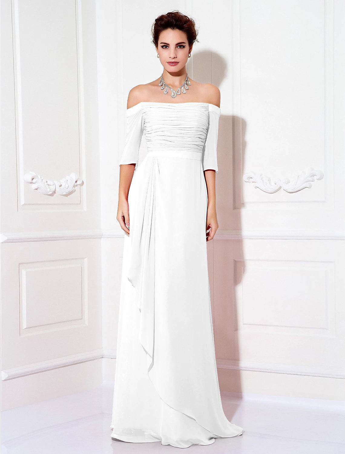 Sheath / Column Minimalist Dress Wedding Guest Formal Evening Sweep / Brush Train Half Sleeve Off Shoulder Bridesmaid Dress Chiffon with Ruched Draping